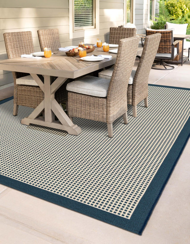 Navy Blue 5' 1 x 8' Outdoor Border Rectangle Area Rug Weather Resistant for Patio, Deck, Terrace, Balcony, Porch 100% Polypropylene Classic Bordered Carpet for Sale at Rug Engine