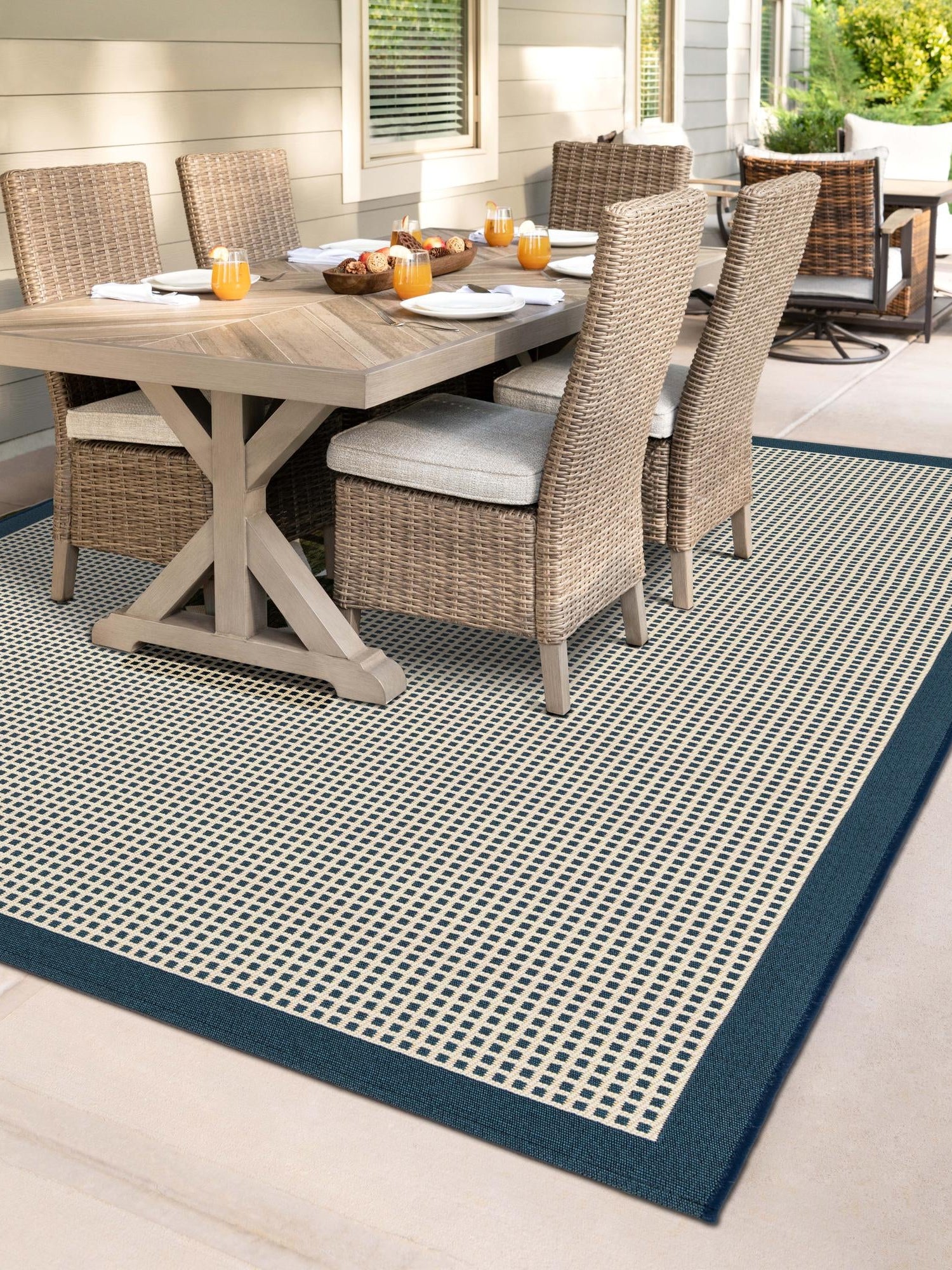 Navy Blue 6' 1 x 9' Outdoor Border Rectangle Area Rug Weather Resistant for Patio, Deck, Terrace, Balcony, Porch 100% Polypropylene Classic Bordered Carpet for Sale at Rug Engine