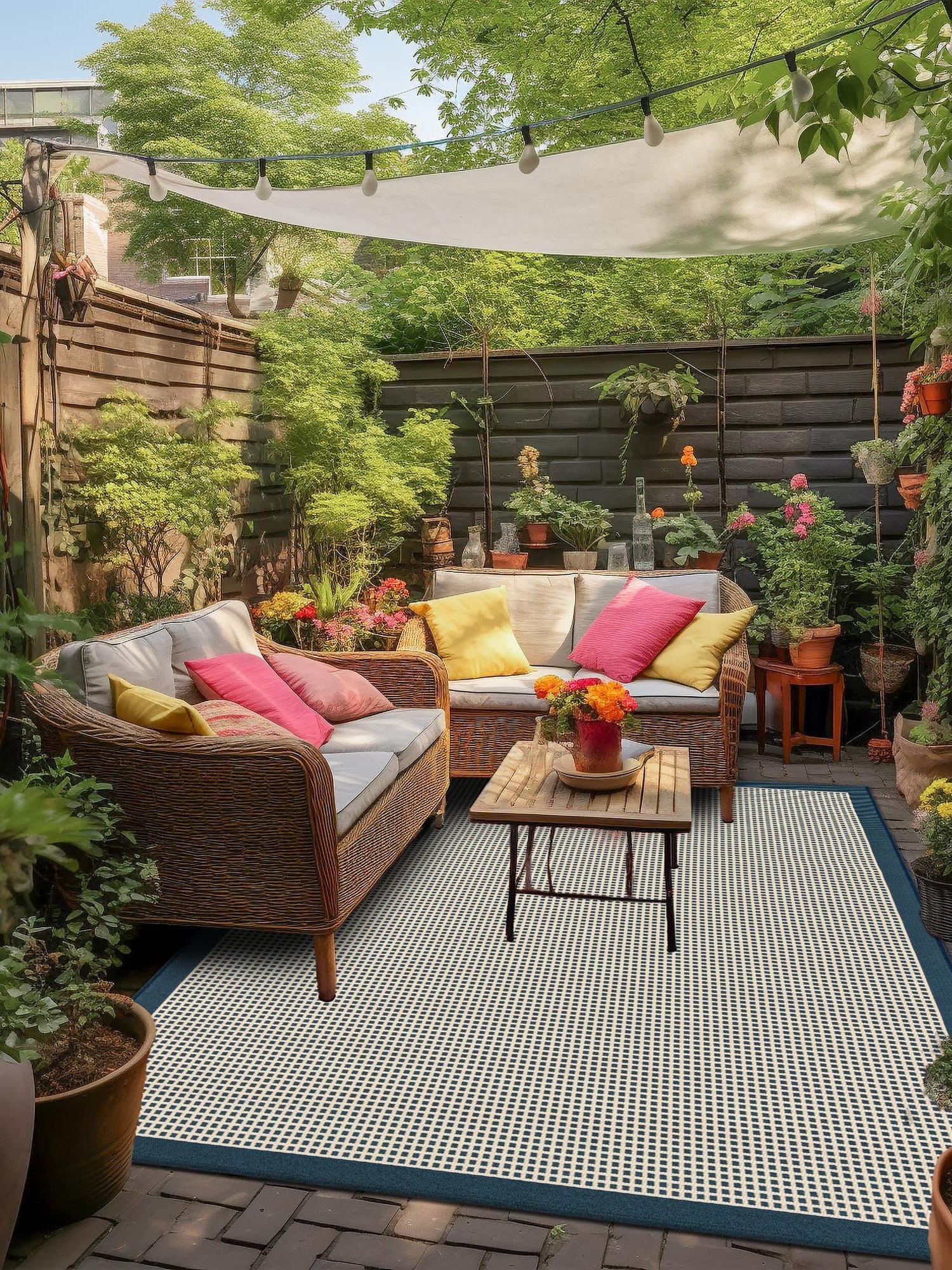 Navy Blue 7' 10 x 10' Outdoor Border Rectangle Area Rug Weather Resistant for Patio, Deck, Terrace, Balcony, Porch