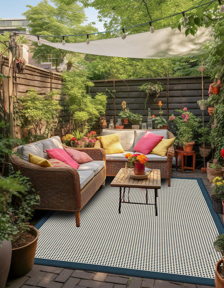 Navy Blue 7' 10 x 10' Outdoor Border Rectangle Area Rug Weather Resistant for Patio, Deck, Terrace, Balcony, Porch 100% Polypropylene Classic Bordered Carpet for Sale at Rug Engine