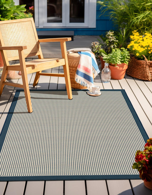 Navy Blue 10' x 14' 1 Outdoor Border Rectangle Area Rug Weather Resistant for Patio, Deck, Terrace, Balcony, Porch 100% Polypropylene Classic Bordered Carpet for Sale at Rug Engine