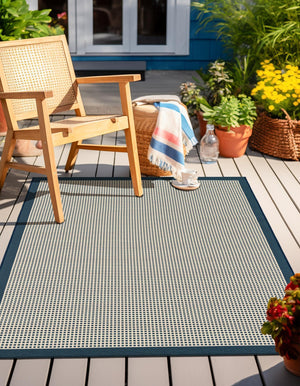 Navy Blue 6' 1 x 9' Outdoor Border Rectangle Area Rug Weather Resistant for Patio, Deck, Terrace, Balcony, Porch 100% Polypropylene Classic Bordered Carpet for Sale at Rug Engine