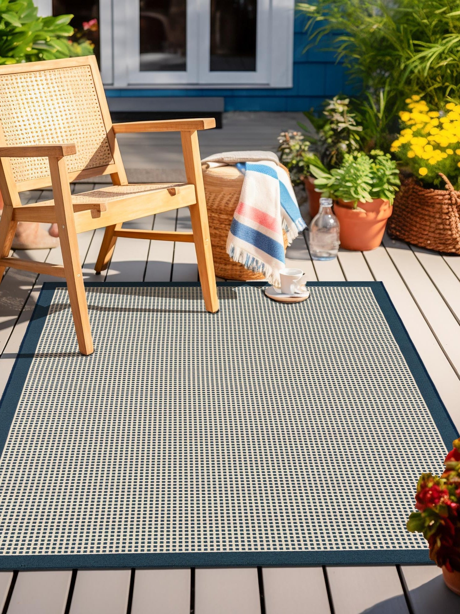 Navy Blue 7' 10 x 10' Outdoor Border Rectangle Area Rug Weather Resistant for Patio, Deck, Terrace, Balcony, Porch