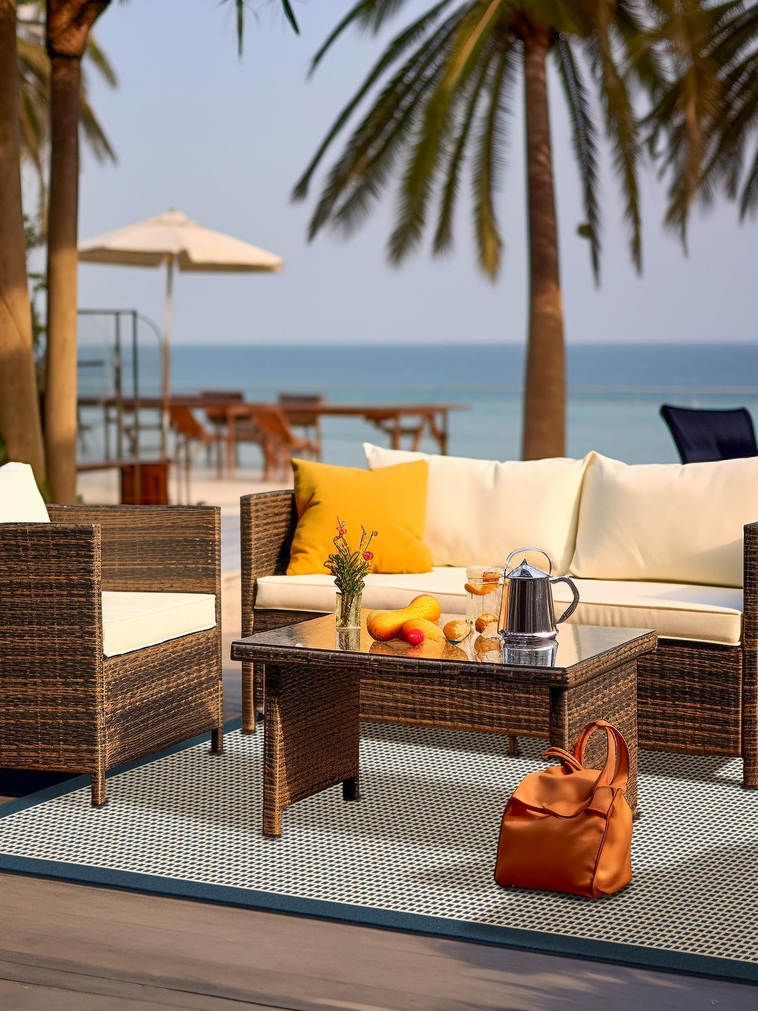 Navy Blue 7' 10 x 10' Outdoor Border Rectangle Area Rug Weather Resistant for Patio, Deck, Terrace, Balcony, Porch