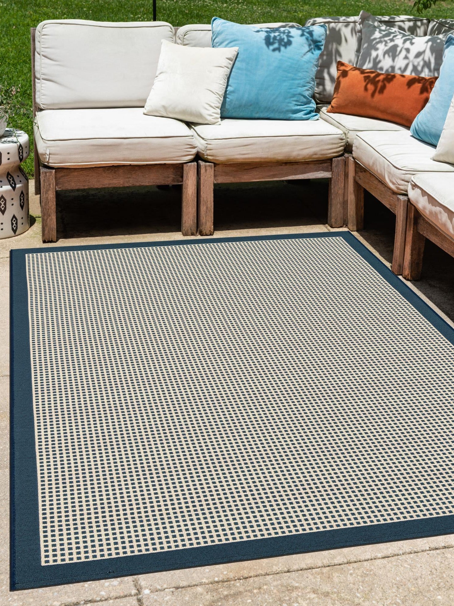 Navy Blue 10' x 14' 1 Outdoor Border Rectangle Area Rug Weather Resistant for Patio, Deck, Terrace, Balcony, Porch 100% Polypropylene Classic Bordered Carpet for Sale at Rug Engine