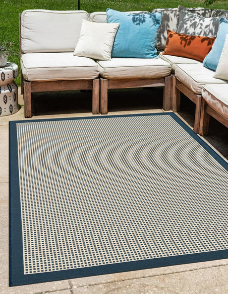 Navy Blue 7' 10 x 10' Outdoor Border Rectangle Area Rug Weather Resistant for Patio, Deck, Terrace, Balcony, Porch 100% Polypropylene Classic Bordered Carpet for Sale at Rug Engine