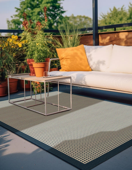 Navy Blue 9' x 12' Outdoor Border Rectangle Area Rug Weather Resistant for Patio, Deck, Terrace, Balcony, Porch 100% Polypropylene Classic Bordered Carpet for Sale at Rug Engine