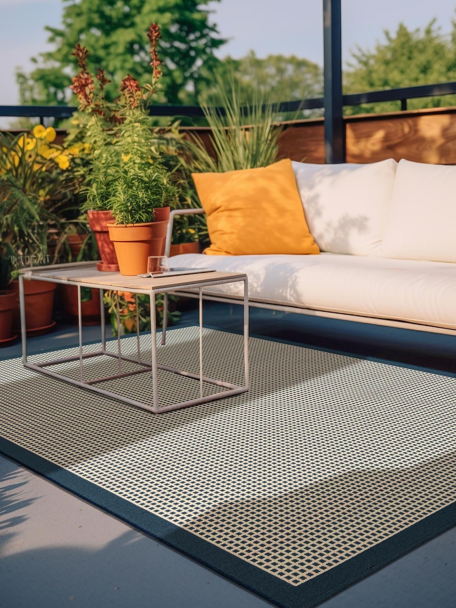Navy Blue 5' 1 x 7' 1 Outdoor Border Rectangle Area Rug Weather Resistant for Patio, Deck, Terrace, Balcony, Porch 100% Polypropylene Classic Bordered Carpet for Sale at Rug Engine