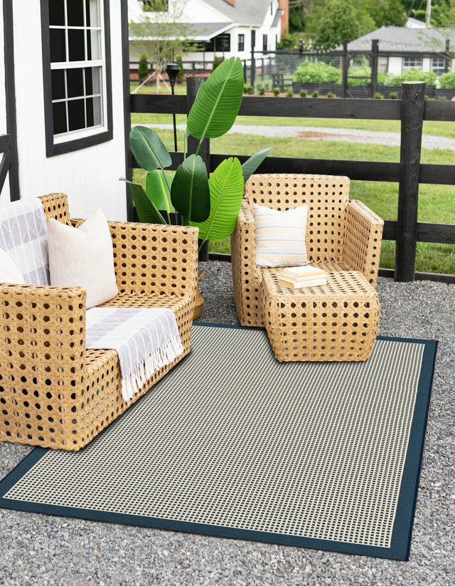 Navy Blue 5' 1 x 7' 1 Outdoor Border Rectangle Area Rug Weather Resistant for Patio, Deck, Terrace, Balcony, Porch 100% Polypropylene Classic Bordered Carpet for Sale at Rug Engine