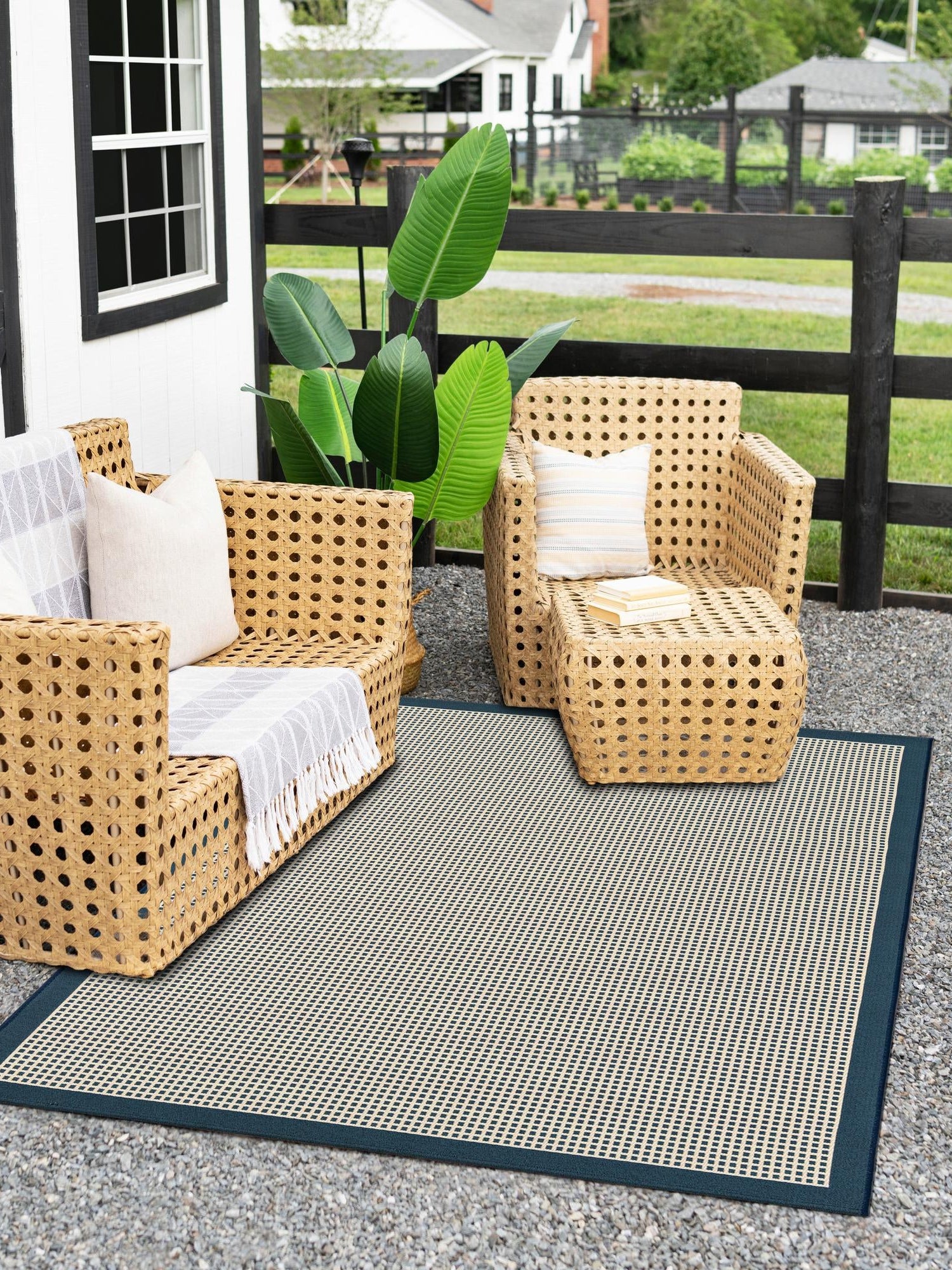 Navy Blue 5' 1 x 8' Outdoor Border Rectangle Area Rug Weather Resistant for Patio, Deck, Terrace, Balcony, Porch 100% Polypropylene Classic Bordered Carpet for Sale at Rug Engine