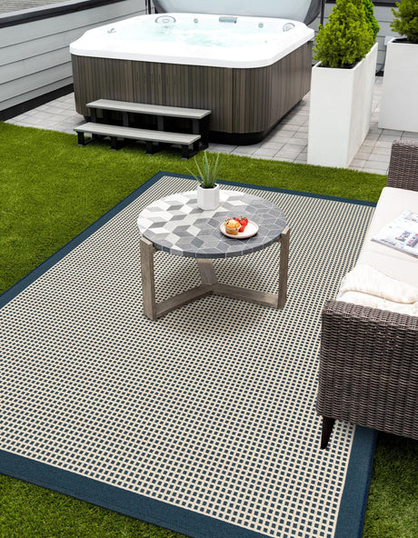 Navy Blue 9' x 12' Outdoor Border Rectangle Area Rug Weather Resistant for Patio, Deck, Terrace, Balcony, Porch 100% Polypropylene Classic Bordered Carpet for Sale at Rug Engine