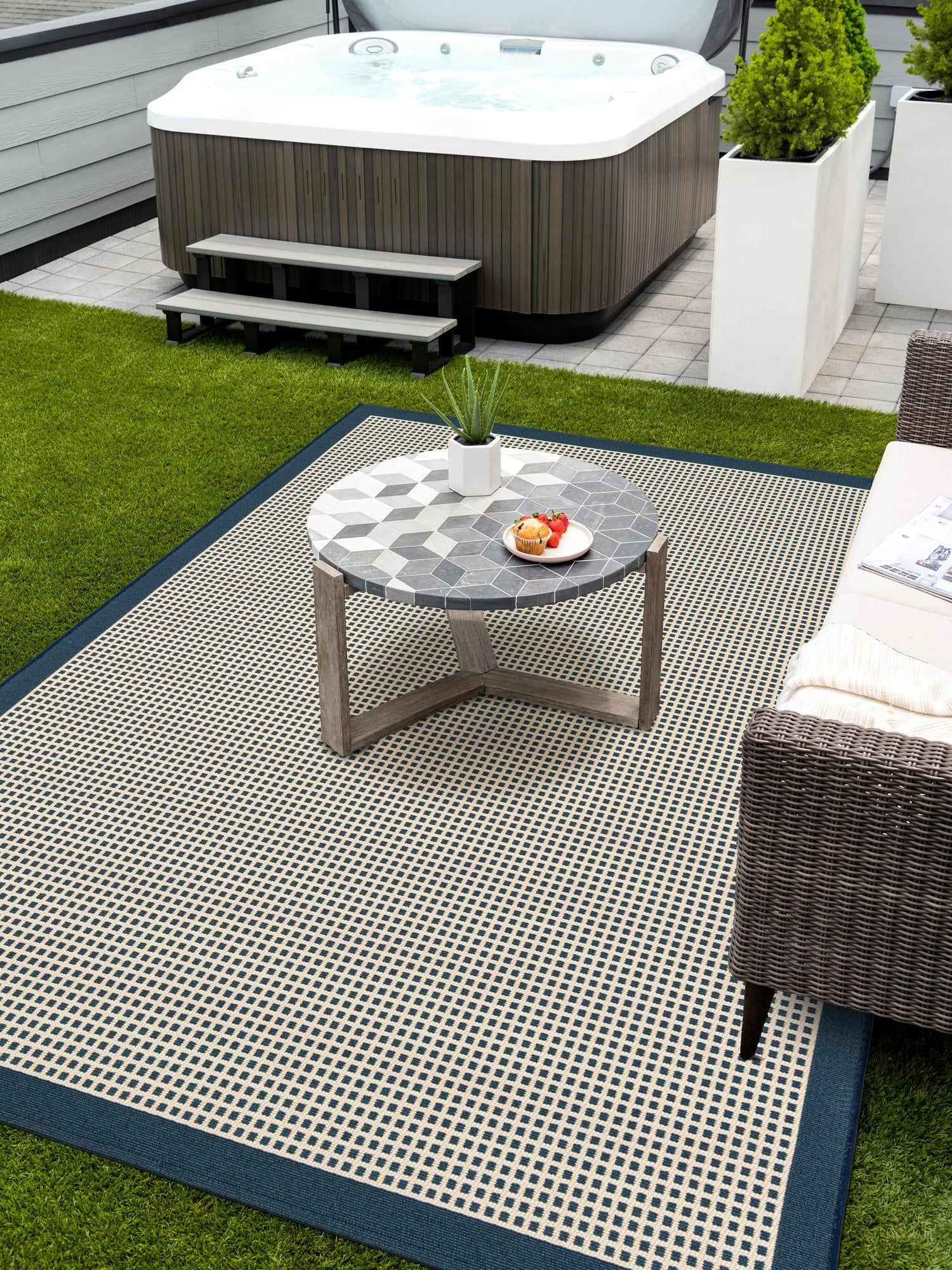 Navy Blue 5' 1 x 7' 1 Outdoor Border Rectangle Area Rug Weather Resistant for Patio, Deck, Terrace, Balcony, Porch 100% Polypropylene Classic Bordered Carpet for Sale at Rug Engine