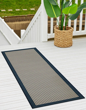 Navy Blue 2' x 8' Outdoor Border Runner Area Rug Weather Resistant for Patio, Deck, Terrace, Balcony, Porch 100% Polypropylene Classic Bordered Carpet for Sale at Rug Engine