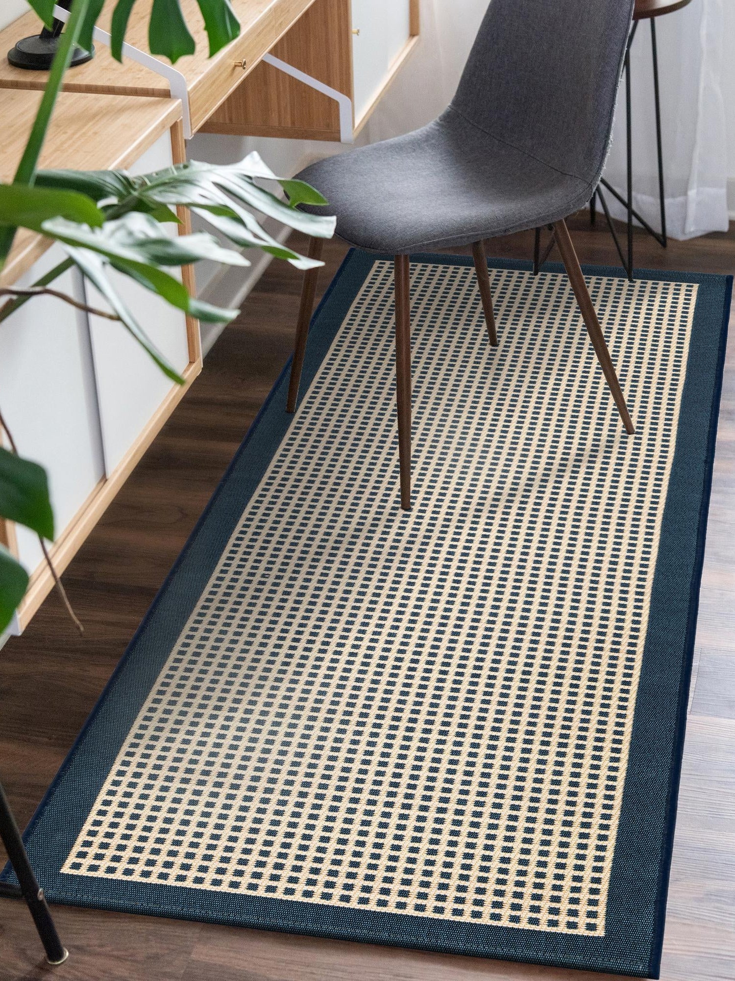 Navy Blue 2' 7 x 12' Outdoor Border Runner Area Rug Weather Resistant for Patio, Deck, Terrace, Balcony, Porch