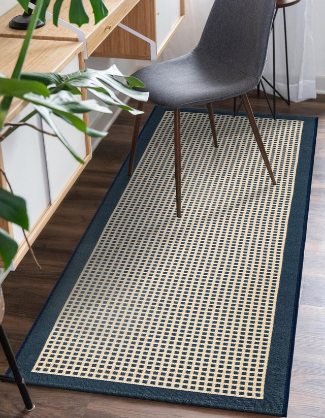 Navy Blue 2' 7 x 12' Outdoor Border Runner Area Rug Weather Resistant for Patio, Deck, Terrace, Balcony, Porch