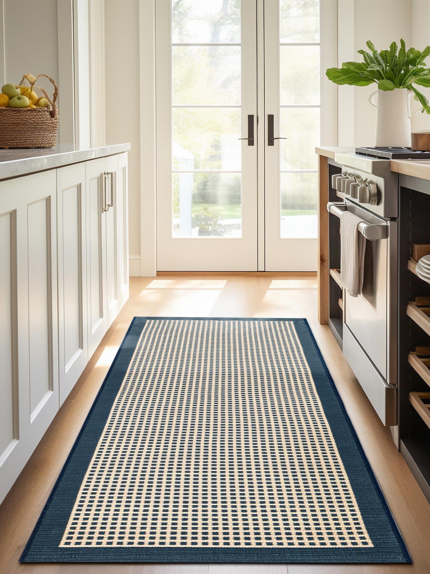 Navy Blue 2' x 6' 1 Outdoor Border Runner Area Rug Weather Resistant for Patio, Deck, Terrace, Balcony, Porch 100% Polypropylene Classic Bordered Carpet for Sale at Rug Engine