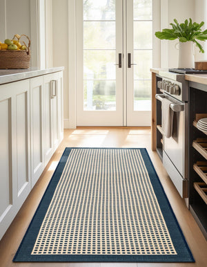 Navy Blue 2' x 8' Outdoor Border Runner Area Rug Weather Resistant for Patio, Deck, Terrace, Balcony, Porch 100% Polypropylene Classic Bordered Carpet for Sale at Rug Engine