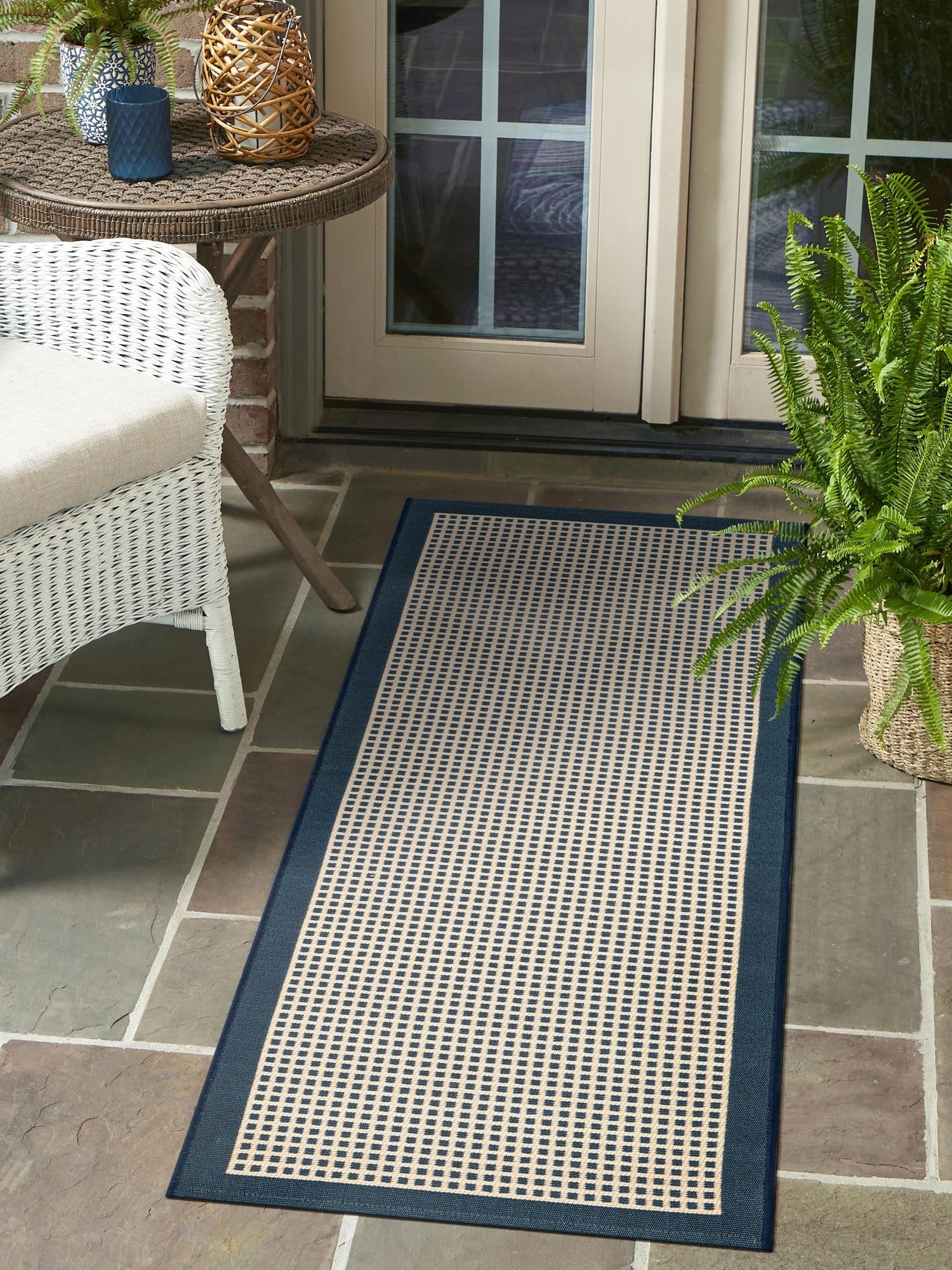 Navy Blue 2' 7 x 12' Outdoor Border Runner Area Rug Weather Resistant for Patio, Deck, Terrace, Balcony, Porch