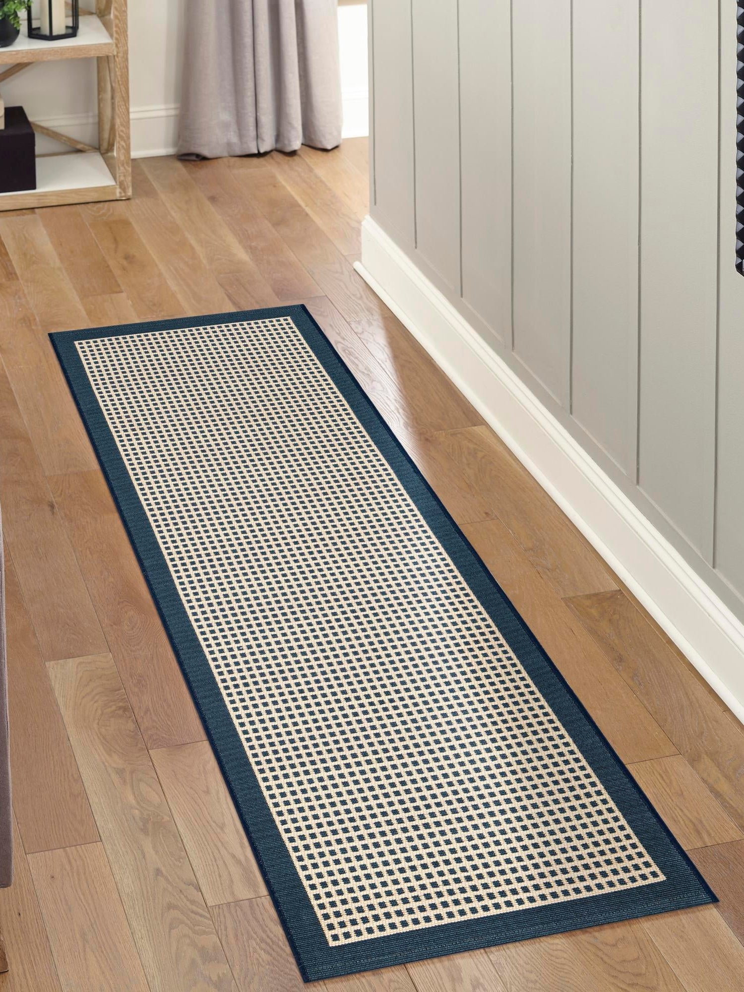 Navy Blue 2' x 8' Outdoor Border Runner Area Rug Weather Resistant for Patio, Deck, Terrace, Balcony, Porch 100% Polypropylene Classic Bordered Carpet for Sale at Rug Engine