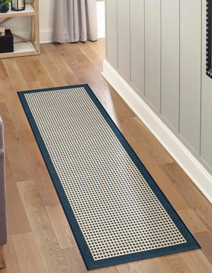 Navy Blue 2' 7 x 12' Outdoor Border Runner Area Rug Weather Resistant for Patio, Deck, Terrace, Balcony, Porch