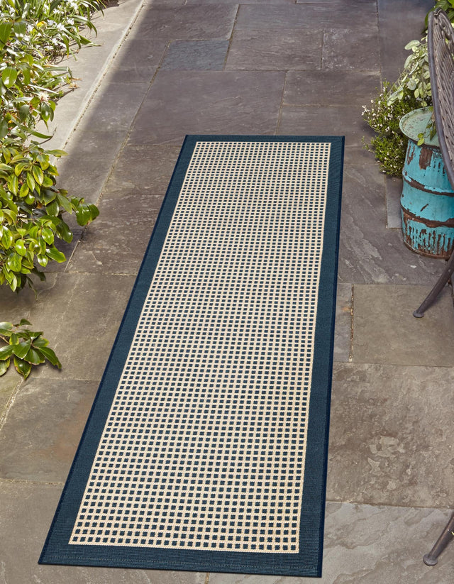 Navy Blue 2' 7 x 10' Outdoor Border Runner Area Rug Weather Resistant for Patio, Deck, Terrace, Balcony, Porch 100% Polypropylene Classic Bordered Carpet for Sale at Rug Engine