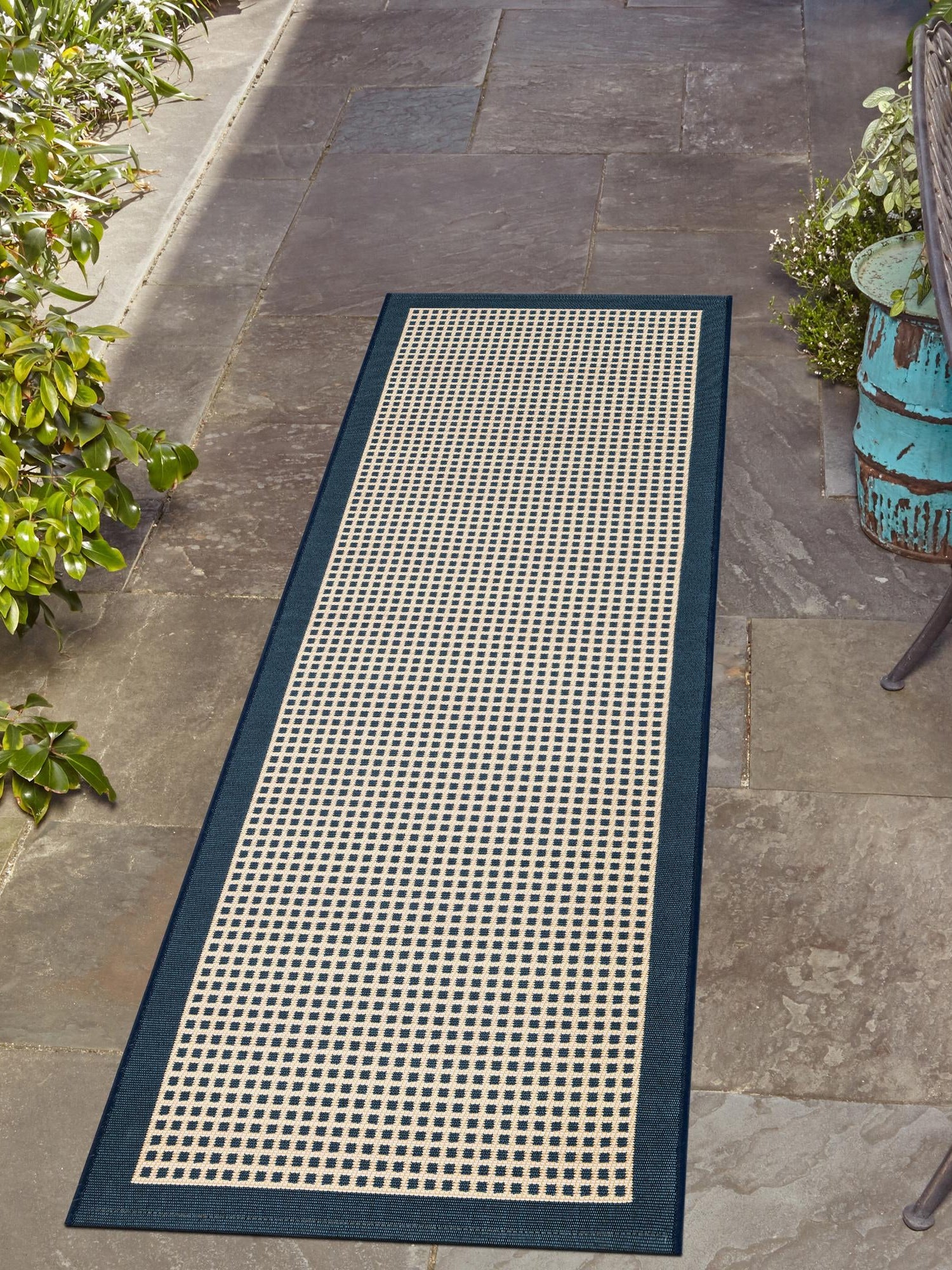 Navy Blue 2' x 8' Outdoor Border Runner Area Rug Weather Resistant for Patio, Deck, Terrace, Balcony, Porch 100% Polypropylene Classic Bordered Carpet for Sale at Rug Engine