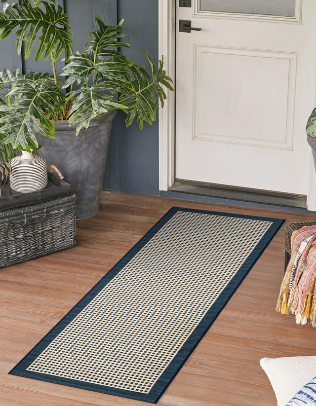 Navy Blue 2' 7 x 10' Outdoor Border Runner Area Rug Weather Resistant for Patio, Deck, Terrace, Balcony, Porch 100% Polypropylene Classic Bordered Carpet for Sale at Rug Engine