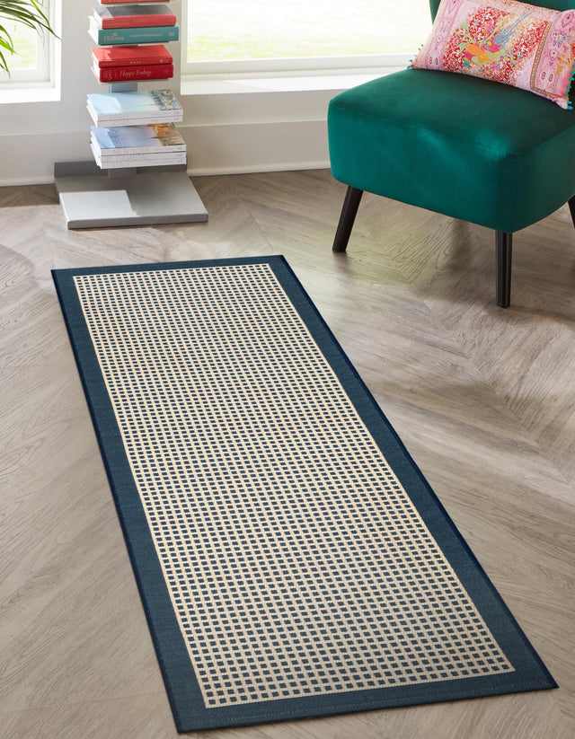 Navy Blue 2' 7 x 10' Outdoor Border Runner Area Rug Weather Resistant for Patio, Deck, Terrace, Balcony, Porch 100% Polypropylene Classic Bordered Carpet for Sale at Rug Engine