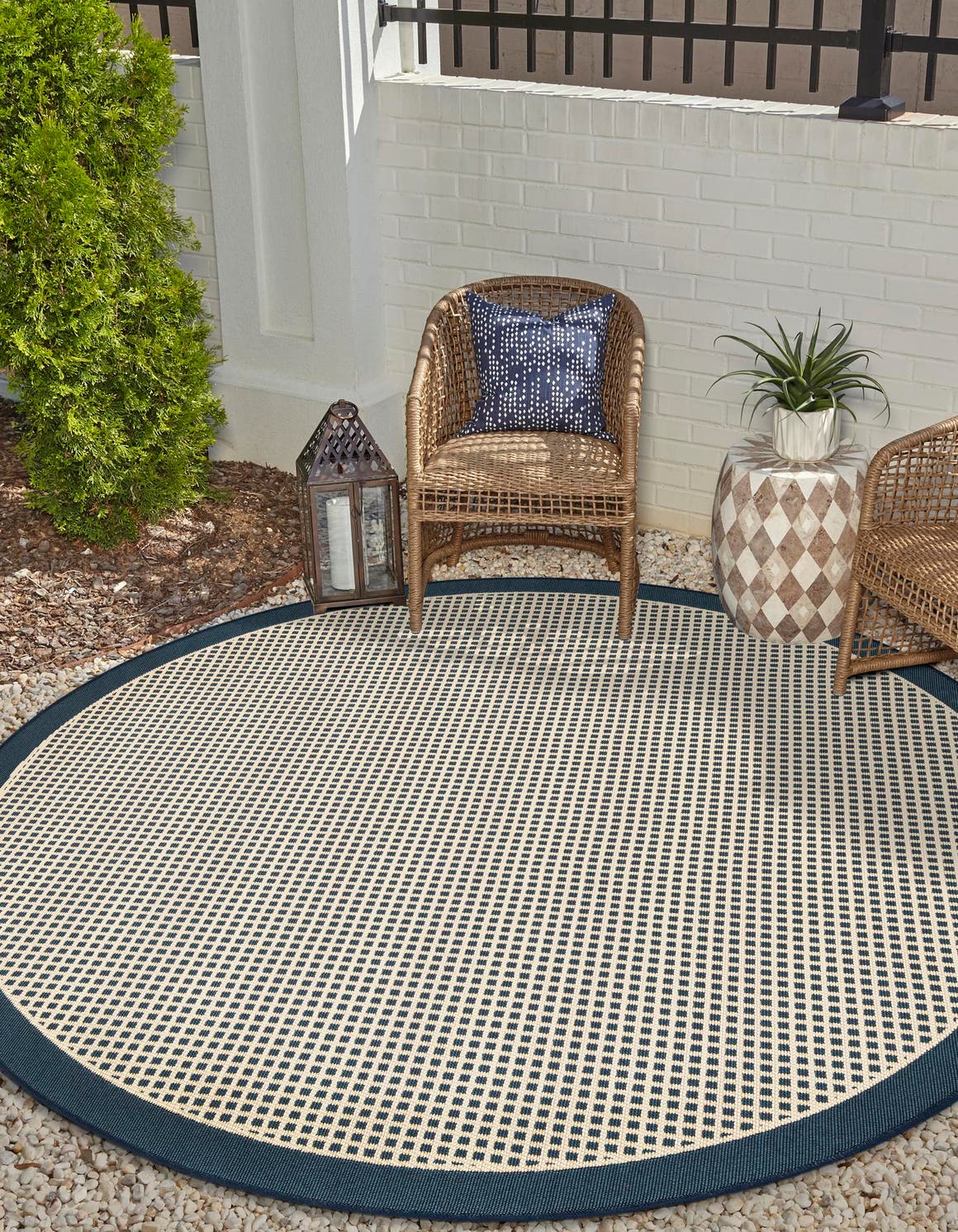 Navy Blue 5' 1 x 5' 1 Outdoor Border Round Area Rug Weather Resistant for Patio, Deck, Terrace, Balcony, Porch 100% Polypropylene Classic Bordered Carpet for Sale at Rug Engine
