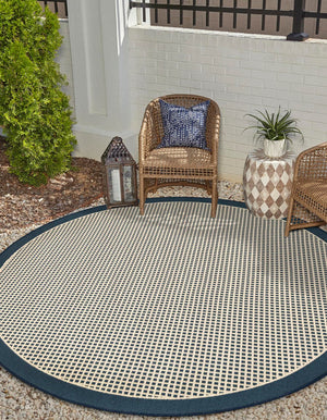 Navy Blue 4' 1 x 4' 1 Outdoor Border Round Area Rug Weather Resistant for Patio, Deck, Terrace, Balcony, Porch 100% Polypropylene Classic Bordered Carpet for Sale at Rug Engine