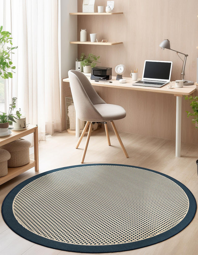 Navy Blue 4' 1 x 4' 1 Outdoor Border Round Area Rug Weather Resistant for Patio, Deck, Terrace, Balcony, Porch 100% Polypropylene Classic Bordered Carpet for Sale at Rug Engine