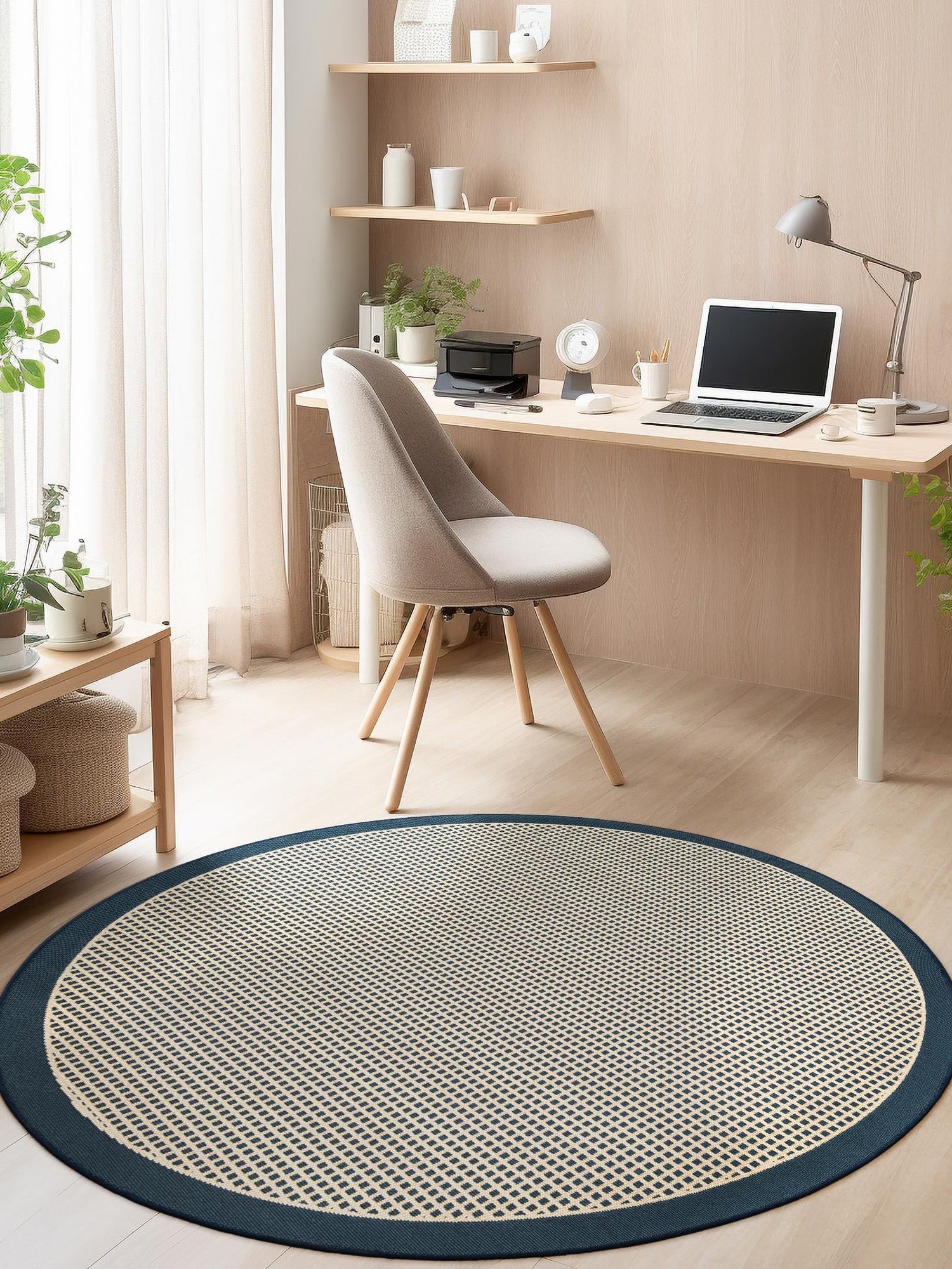 Navy Blue 3' 1 x 3' 1 Outdoor Border Round Area Rug Weather Resistant for Patio, Deck, Terrace, Balcony, Porch 100% Polypropylene Classic Bordered Carpet for Sale at Rug Engine