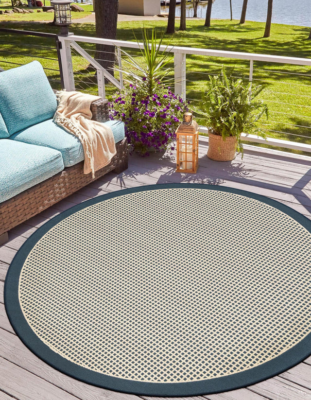 Navy Blue 5' 1 x 5' 1 Outdoor Border Round Area Rug Weather Resistant for Patio, Deck, Terrace, Balcony, Porch 100% Polypropylene Classic Bordered Carpet for Sale at Rug Engine