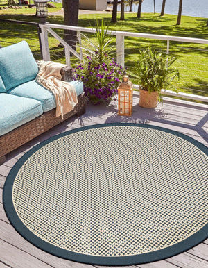 Navy Blue 4' 1 x 4' 1 Outdoor Border Round Area Rug Weather Resistant for Patio, Deck, Terrace, Balcony, Porch 100% Polypropylene Classic Bordered Carpet for Sale at Rug Engine