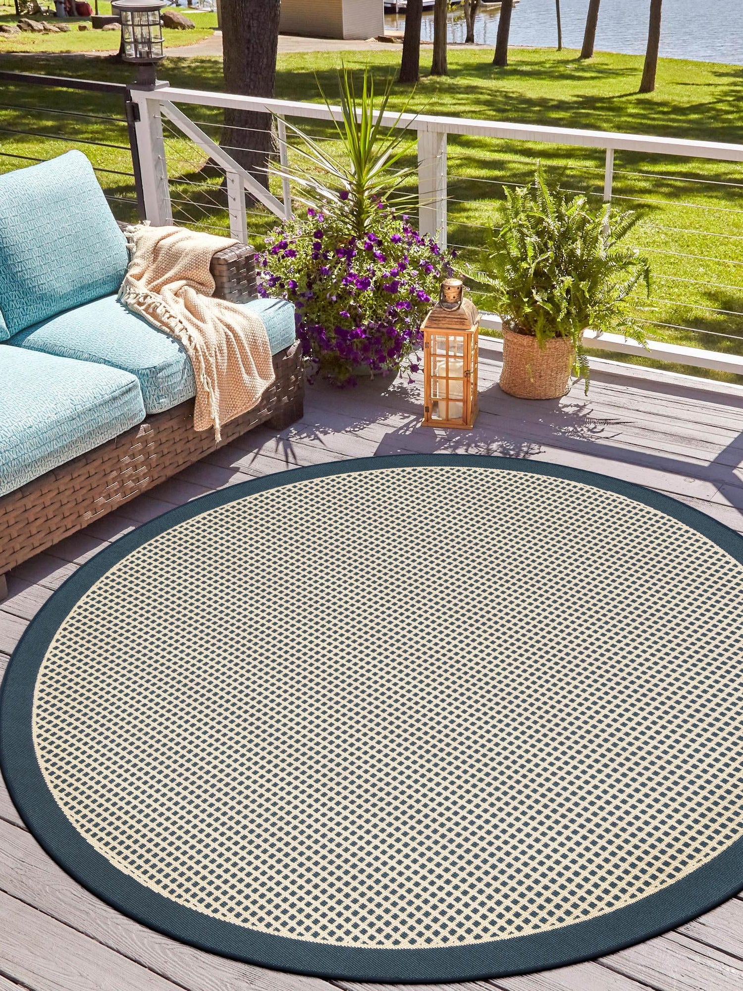 Navy Blue 7' 10 x 7' 10 Outdoor Border Round Area Rug Weather Resistant for Patio, Deck, Terrace, Balcony, Porch 100% Polypropylene Classic Bordered Carpet for Sale at Rug Engine
