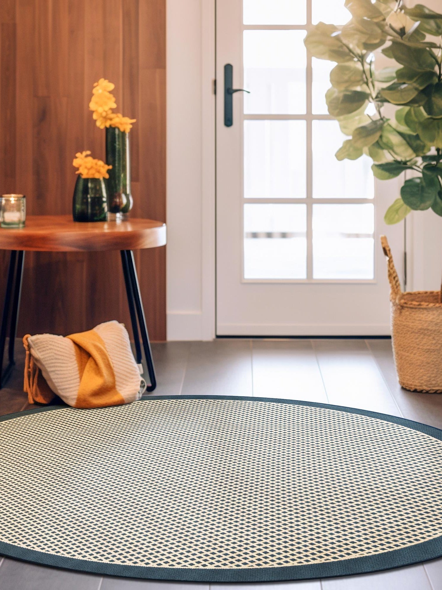 Navy Blue 3' 1 x 3' 1 Outdoor Border Round Area Rug Weather Resistant for Patio, Deck, Terrace, Balcony, Porch 100% Polypropylene Classic Bordered Carpet for Sale at Rug Engine