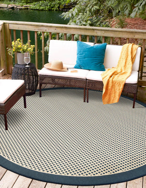 Navy Blue 3' 1 x 3' 1 Outdoor Border Round Area Rug Weather Resistant for Patio, Deck, Terrace, Balcony, Porch 100% Polypropylene Classic Bordered Carpet for Sale at Rug Engine