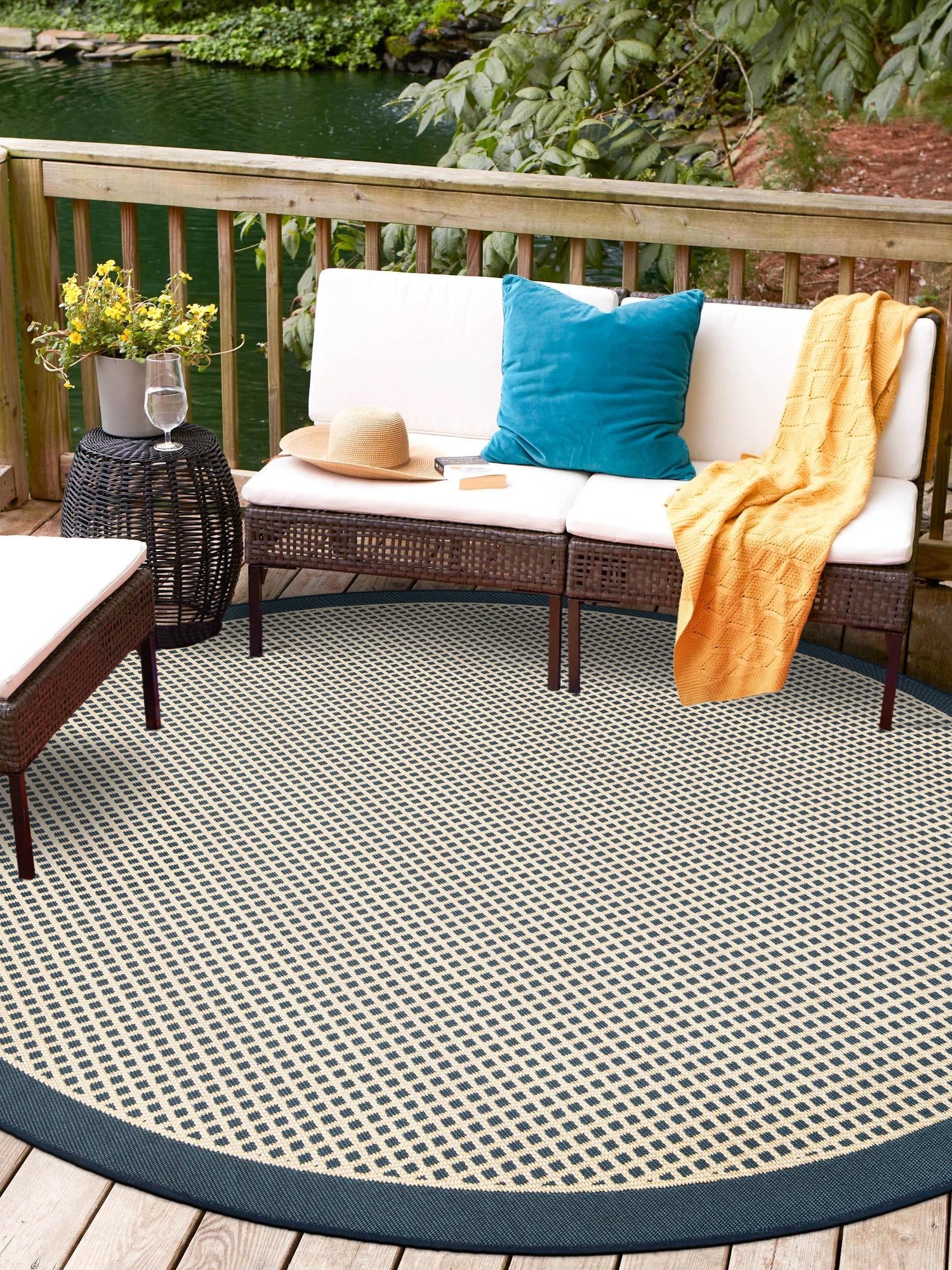 Navy Blue 7' 10 x 7' 10 Outdoor Border Round Area Rug Weather Resistant for Patio, Deck, Terrace, Balcony, Porch 100% Polypropylene Classic Bordered Carpet for Sale at Rug Engine