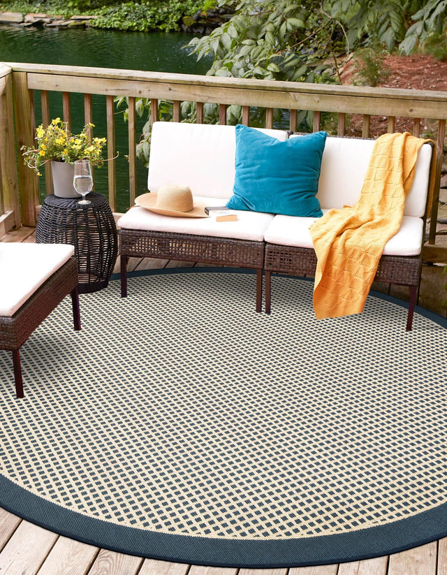 Navy Blue 7' 10 x 7' 10 Outdoor Border Round Area Rug Weather Resistant for Patio, Deck, Terrace, Balcony, Porch 100% Polypropylene Classic Bordered Carpet for Sale at Rug Engine