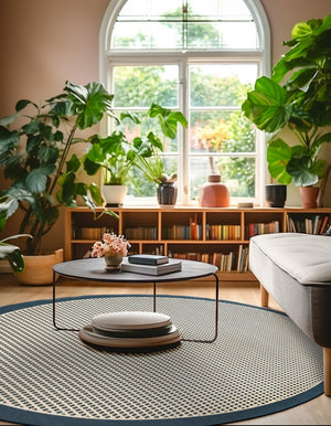 Navy Blue 4' 1 x 4' 1 Outdoor Border Round Area Rug Weather Resistant for Patio, Deck, Terrace, Balcony, Porch 100% Polypropylene Classic Bordered Carpet for Sale at Rug Engine