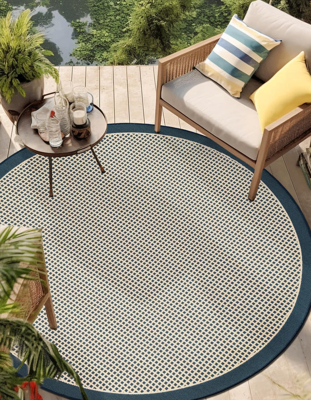 Navy Blue 4' 1 x 4' 1 Outdoor Border Round Area Rug Weather Resistant for Patio, Deck, Terrace, Balcony, Porch 100% Polypropylene Classic Bordered Carpet for Sale at Rug Engine