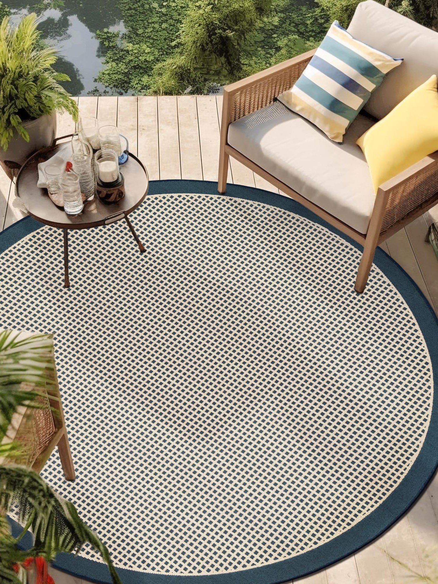Navy Blue 7' 10 x 7' 10 Outdoor Border Round Area Rug Weather Resistant for Patio, Deck, Terrace, Balcony, Porch 100% Polypropylene Classic Bordered Carpet for Sale at Rug Engine