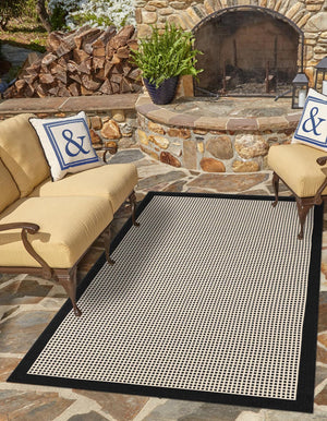 Black 9' x 12' Outdoor Border Rectangle Area Rug Weather Resistant for Patio, Deck, Terrace, Balcony, Porch 100% Polypropylene Classic Bordered Carpet for Sale at Rug Engine