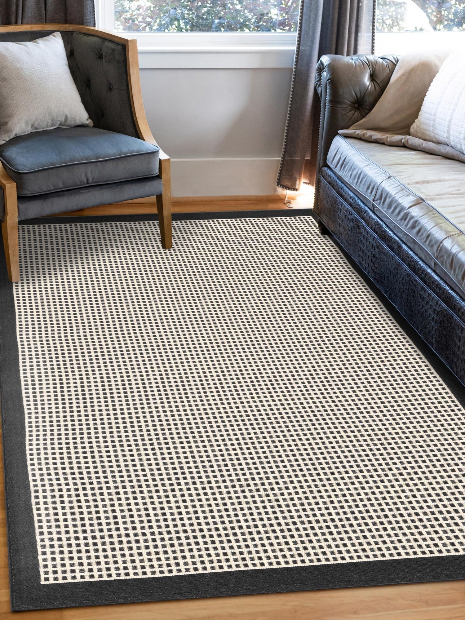 Black 5' 1 x 8' Outdoor Border Rectangle Area Rug Weather Resistant for Patio, Deck, Terrace, Balcony, Porch 100% Polypropylene Classic Bordered Carpet for Sale at Rug Engine