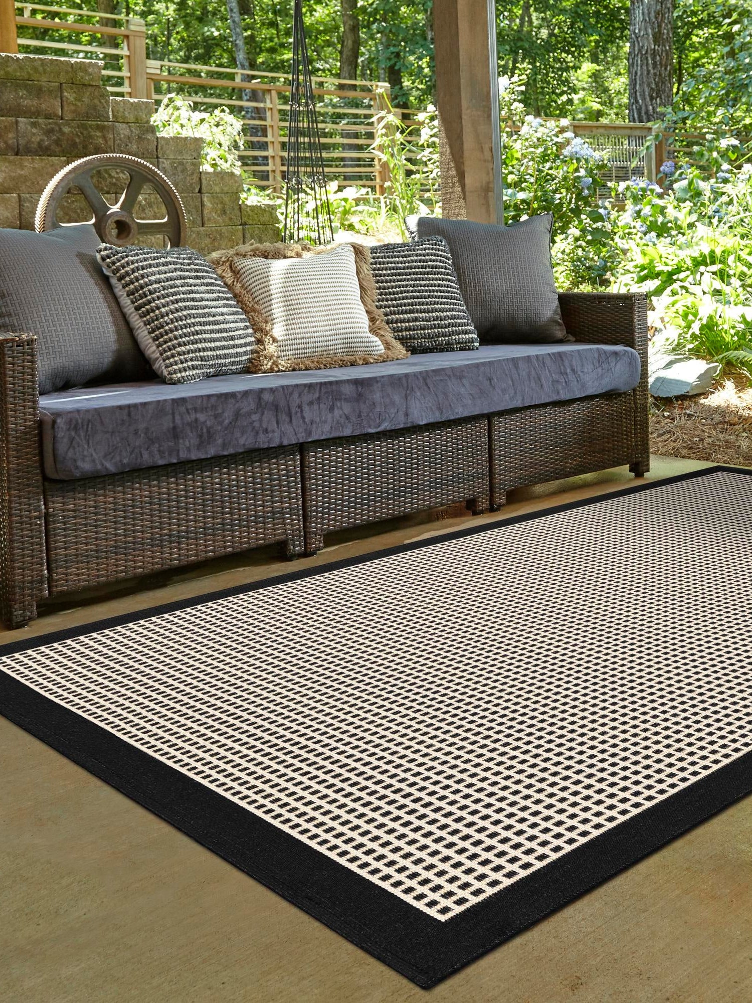 Black 6' 1 x 9' Outdoor Border Rectangle Area Rug Weather Resistant for Patio, Deck, Terrace, Balcony, Porch 100% Polypropylene Classic Bordered Carpet for Sale at Rug Engine
