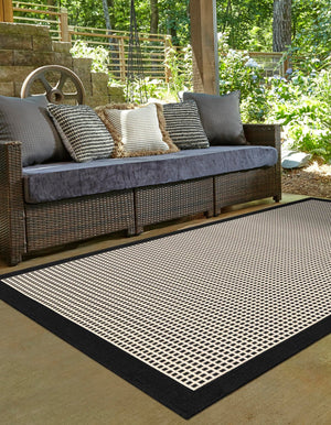 Black 9' x 12' Outdoor Border Rectangle Area Rug Weather Resistant for Patio, Deck, Terrace, Balcony, Porch 100% Polypropylene Classic Bordered Carpet for Sale at Rug Engine
