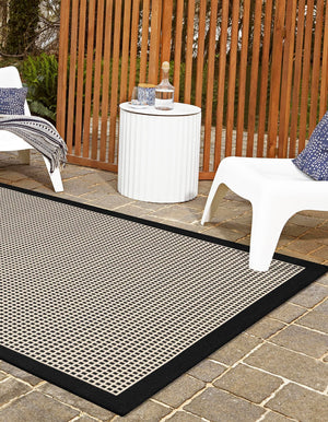 Black 4' 1 x 6' 1 Outdoor Border Rectangle Area Rug Weather Resistant for Patio, Deck, Terrace, Balcony, Porch 100% Polypropylene Classic Bordered Carpet for Sale at Rug Engine