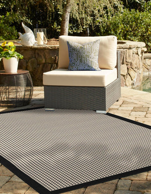 Black 4' 1 x 6' 1 Outdoor Border Rectangle Area Rug Weather Resistant for Patio, Deck, Terrace, Balcony, Porch 100% Polypropylene Classic Bordered Carpet for Sale at Rug Engine