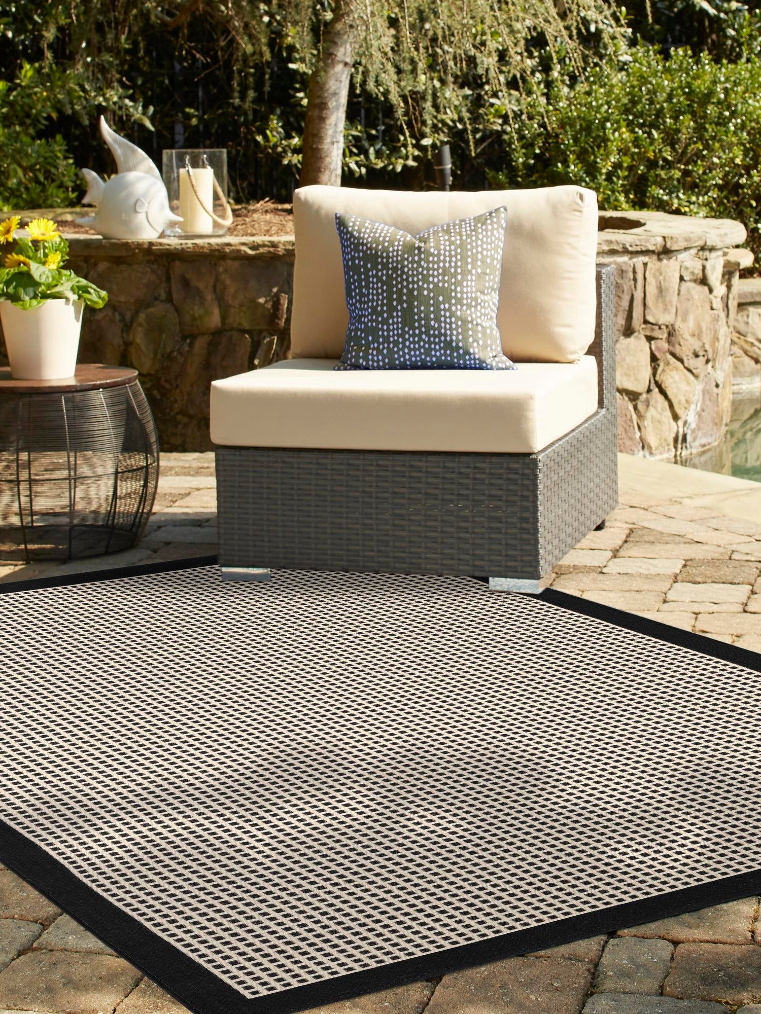 Black 5' 1 x 8' Outdoor Border Rectangle Area Rug Weather Resistant for Patio, Deck, Terrace, Balcony, Porch 100% Polypropylene Classic Bordered Carpet for Sale at Rug Engine