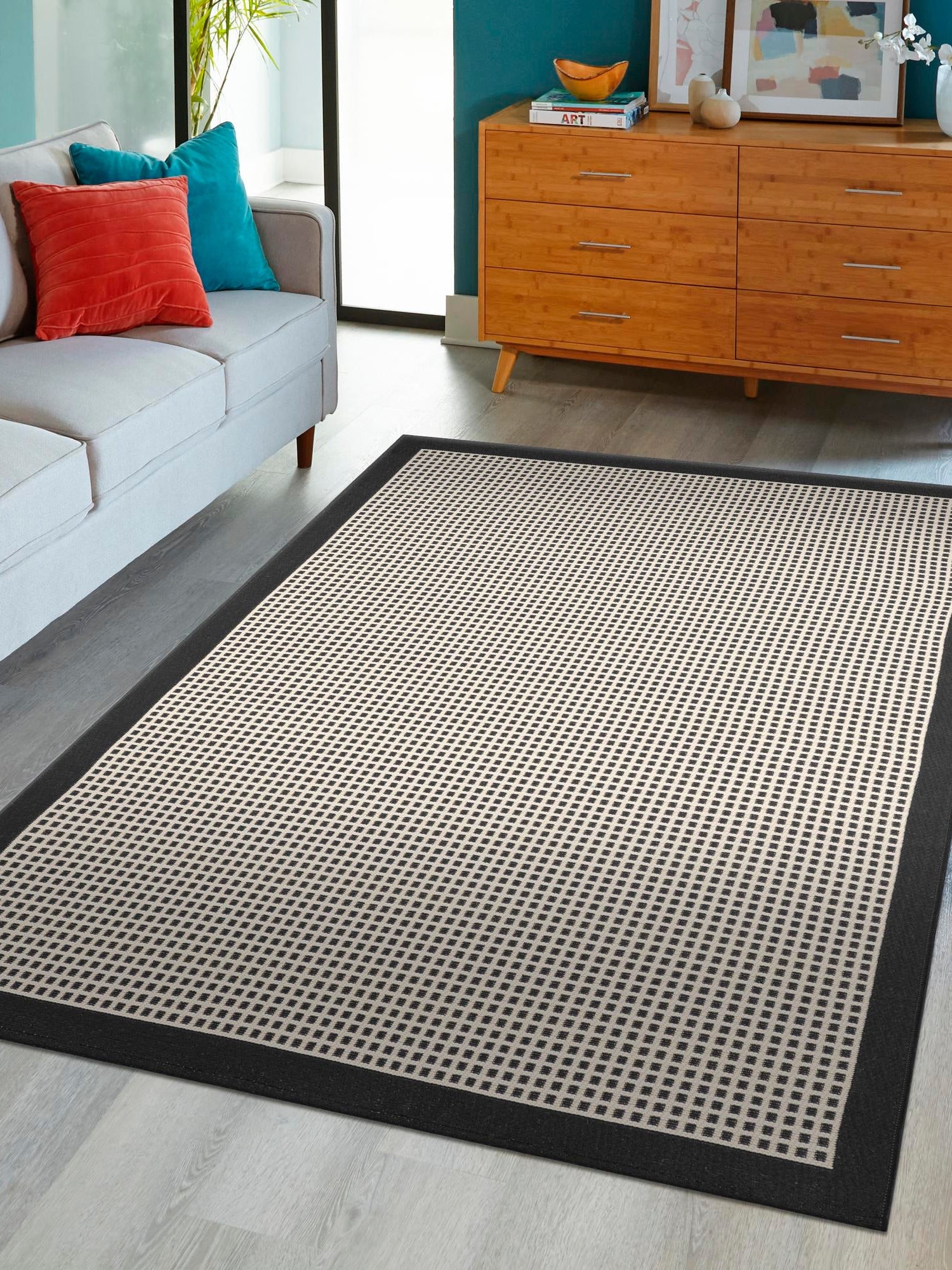 Black 6' 1 x 9' Outdoor Border Rectangle Area Rug Weather Resistant for Patio, Deck, Terrace, Balcony, Porch 100% Polypropylene Classic Bordered Carpet for Sale at Rug Engine